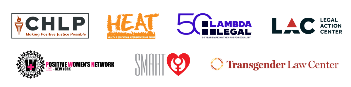 Logos for CHLP, HEAT, Lambda Legal, Legal Action Center, PWN-NY, SMART and Transgender Law Center