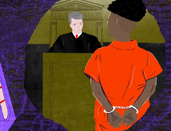 Illustration by Candice Evers for The Marshall Project of a Black man in an orange jumpsuit handcuffed behind his back facing a white judge in a black robe in a courtoom.