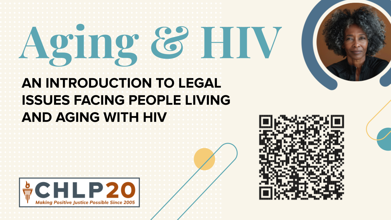 Beige background with publication title in teal and black letters, CHLP logo, QR code and headshot of Black transwoman elder.