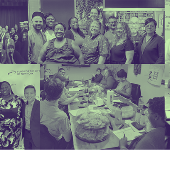 Collage of archival group photos in duotone purple and mint green.