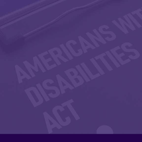 Collage of text reading Americans with Disabilities Act with stars and stripes and a legal scale symbol under a dark purple color wash.