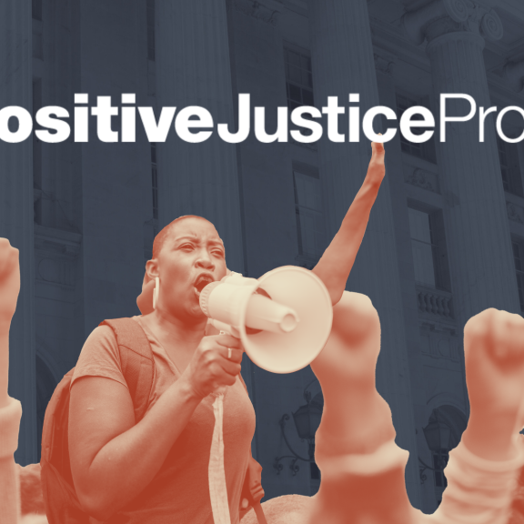 Blue court background with red duotone protesters and white PJP Logo