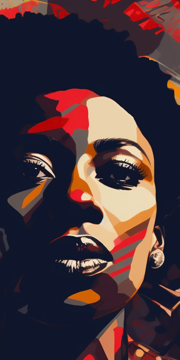 Illustration with red and black tones of a Black woman looking intently at the viewer with other Black people standing behind her