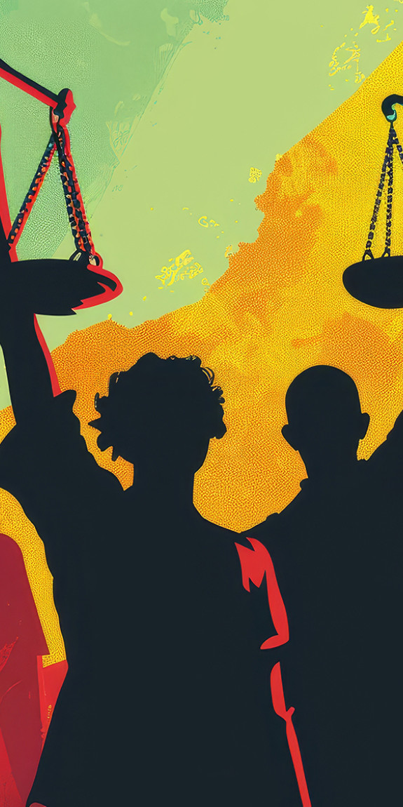 Green yellow red background with silhouettes of people holding legal scales.