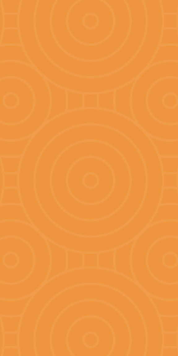 Orange graphic with tinted circle pattern in background and tinted leaves on the edges.