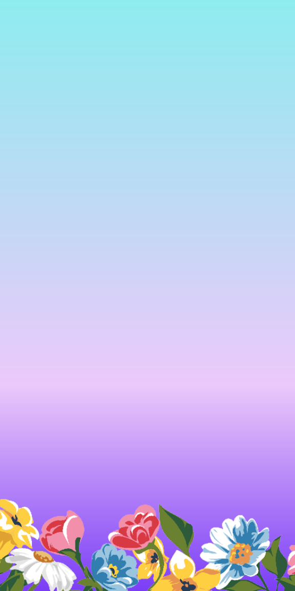 Blue to purple background with colorful illustrated flowers along the bottom.