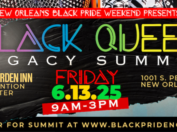 Black Queer Legacy Summit Event graphic with rainbow lettering with event details over a Black background.