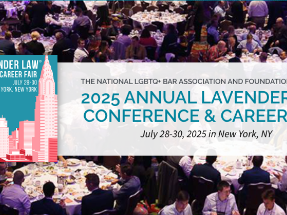 The image shows a large ballroom filled with round tables where many people are seated, engaged in conversation and dining under dim lighting. Overlaid on the left is a colorful graphic of pink and red skyscrapers against a blue sky promoting the 2025 Lavender Law® Conference & Career Fair, while bold text on the right announces the event details in teal and black.