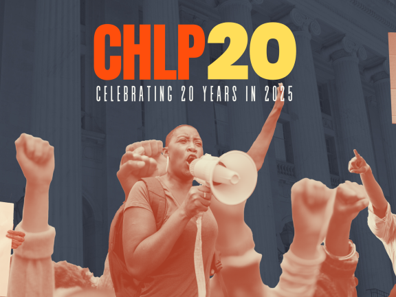 CHLP20 Logo with duotones of protesters against a dark grey background.