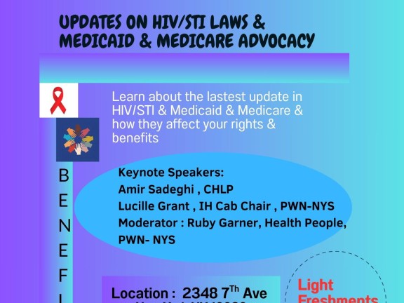 PUrple and blue flyer with event details in black type and logos for PWN, Iris House, US PLHIV Caucus, and CHLP