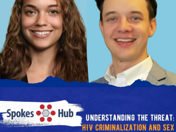 Royal blue background with event details in white and orange lettering, Spokes Hub logo and headshots of Jada and Sean.