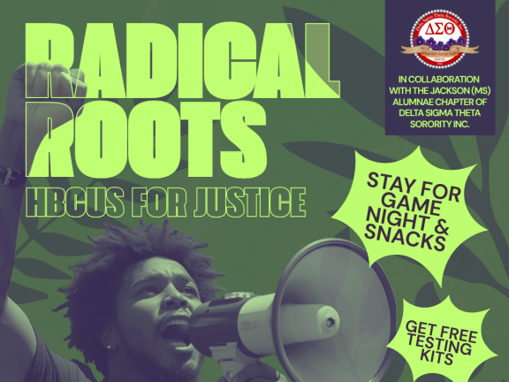 Dark green with neon green lettering with event details, a duotone green/purple photo of a young Black man raising a fist and shouting into a megaphone with leaf silhouettes in the background in green and org logos in white at the bottom over a dark purple background.
