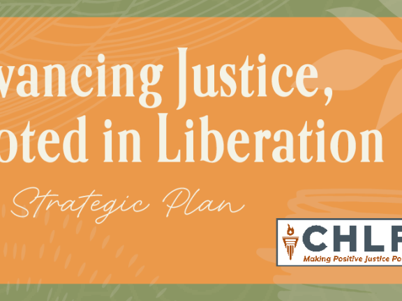 Orange background with faint leaf overlays with Advancing Justice, Rooted in Liberation in white serif type and CHLP20 logo in the bottom corner.