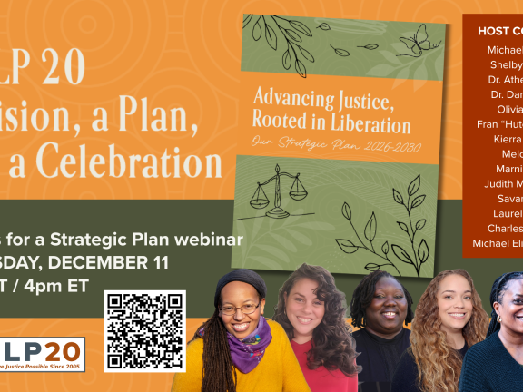 Orange background with Event Title and. Details in white type. Six headshots of presenters. Host committee list in maroon box with QR code and CHLP Logo