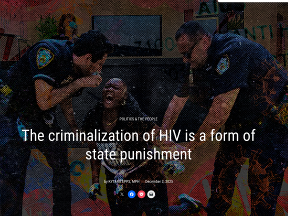 Background halftone of a Black woman on her knees being held down by two white police officers, with the article title in white type over it.