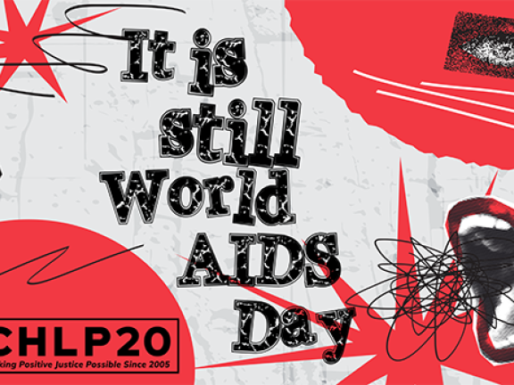 Red, white and black graphic with the words It's Still World AIDS Day and duotone mouth shouting, red bursts and black squiggles.