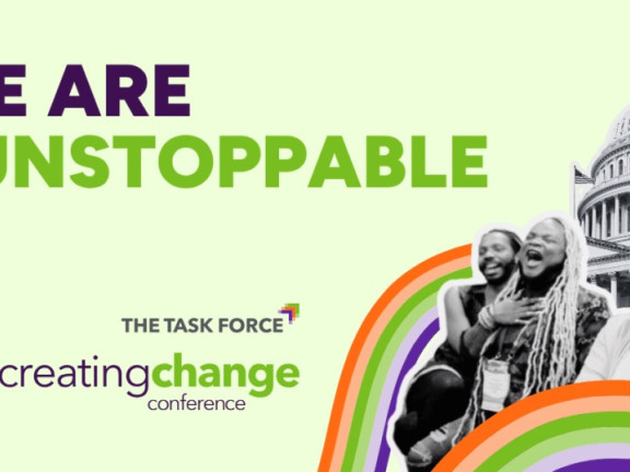 Light green background with We are #unStoppable in purple and dark green type with creating change logo and on the side a swirl of colors with black and white pictures of happy people and the capitol building.