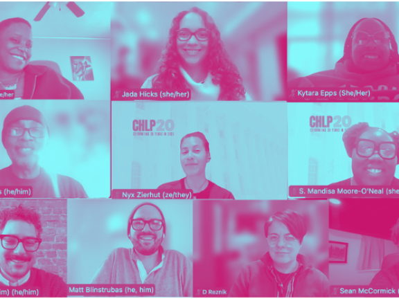 Blue and Pink duotone of 10 staff members on a zoom call.