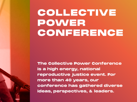 Orange and pink photo of three women on left with white text on right describing conference.