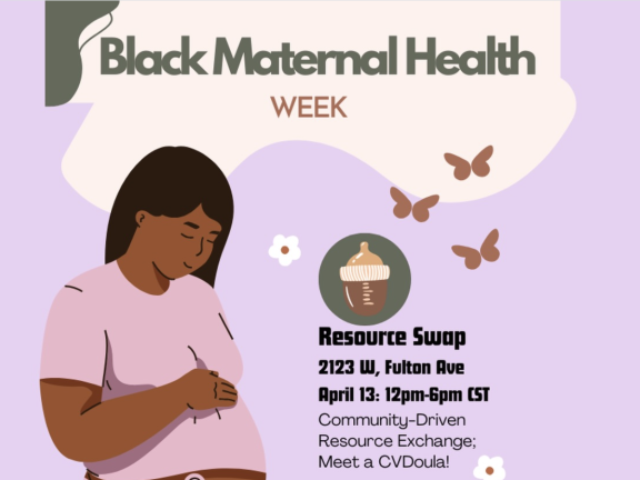 Illustration of smiling pregnant Black person with Black Maternal Health Week in large green/grey type.