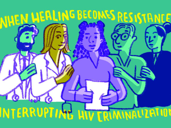 Four illustrated figures including health care workers, support a fifth, centered figure with publication title in yellow on a green background.