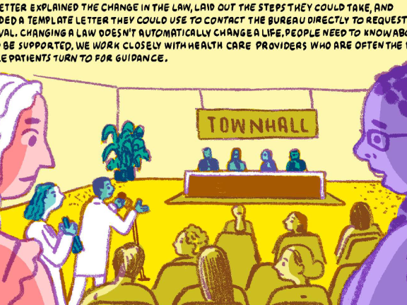 Illustrated Town Hall meeting with two women in the foreground with descriptive text at the top.