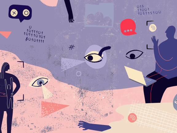 Light purple and pink background with silhouette figures in dark purple of a woman holding a child and a man sitting at a laptop, around them are symbols of surveillance, including eyeballs, binary code, chat pubbles, a hand reaching, in light pink, red and light purple.