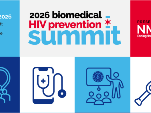 Red white and blue square with biomedical icons, NMAC logo, and conference title.