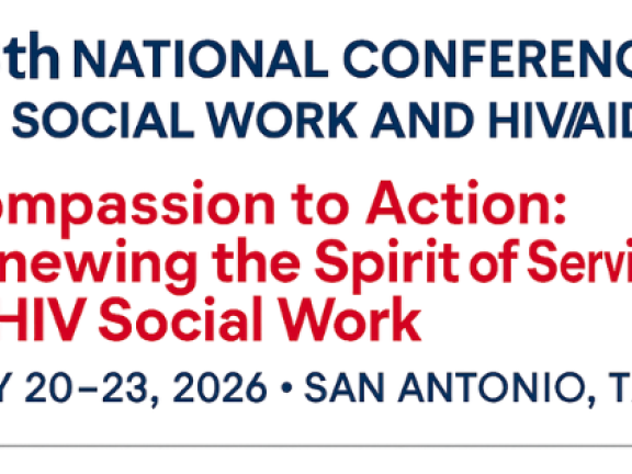 Red and blue type with conference details and logo of a cowboy hat, red ribbon and state house icon.