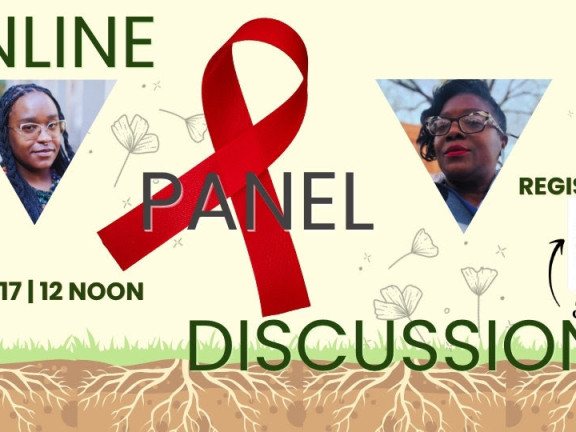 Light yellow background with brown roots at the bottom with two triangle shaped presenter headshots, a red ribbon, and event details in green type.