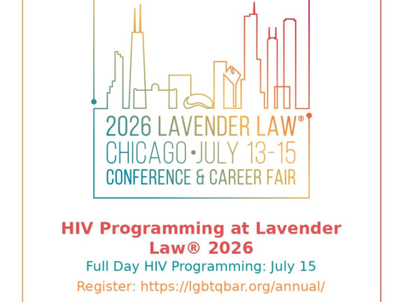 Rainbow line drawing of chicago skyline with rainbow letters with the Lavender law conference details
