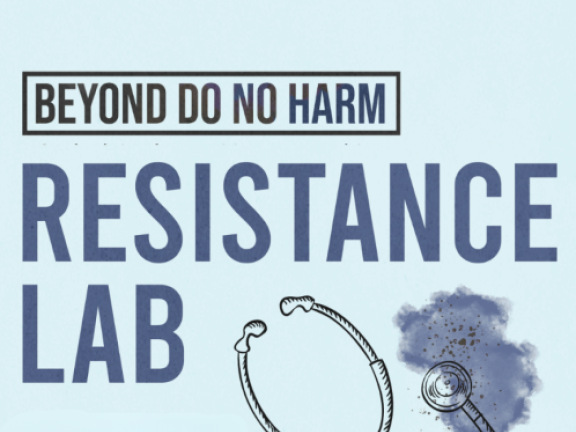 Stethoscope line drawing on light blue background with BDNH Resistance Lab in all caps, dark blue text.
