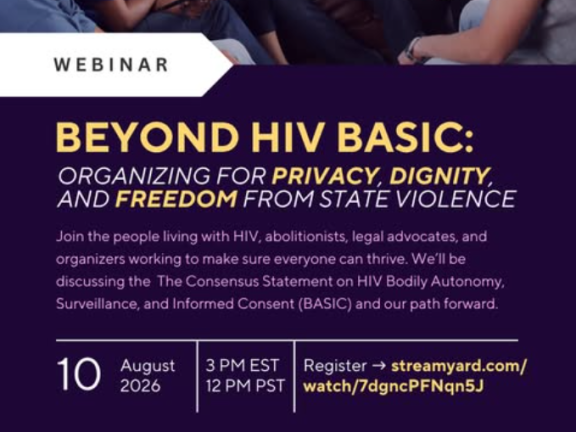Photo of smiling people at top with dark purple in the bottom with event details in yellow and white type.