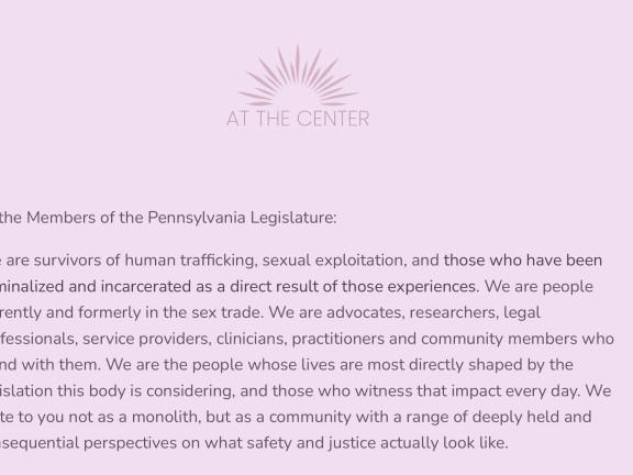 Screenshot of At The Center sign on letter with lilac color overlay