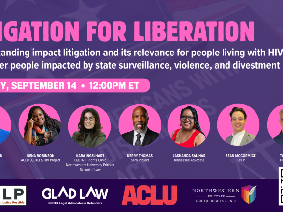 Dark purple background with and hot pink block letters reading "Litigation for Liberation" with event details in white type, seven participant headshots, org logos and a QR code at the bottom.