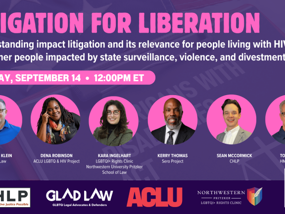 Dark purple background with and hot pink block letters reading "Litigation for Liberation" with event details in white type, six participant headshots, org logos and a QR code at the bottom.