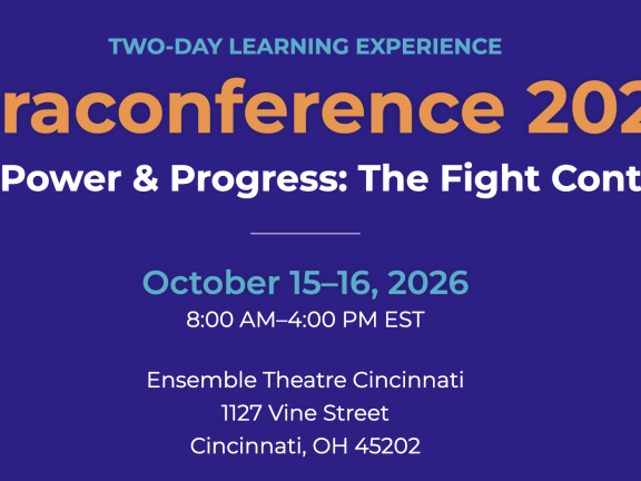 Dark purple graphic with conference title in yellow and conference details in white centered type.