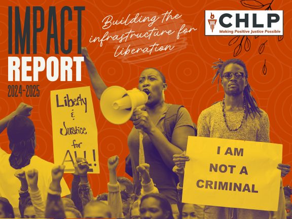 Orange-and-yellow protest poster shows a speaker with a megaphone, raised fists, and signs reading “Liberty and Justice for All” and “I Am Not a Criminal.”