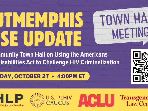 Purple brick background with white chat box reading Town Hall Meeting. Event details in block yellow and white letters with a QR code. At bottom a bright yellow strip with logos for CHLP, US PLHIV Caucus, ACLU and Transgender Law Center.