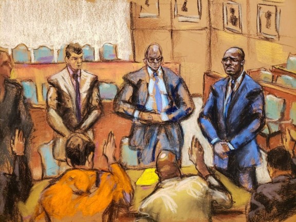 courtroom sketch of three men in front of jury