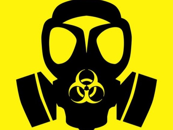 Black gas mask icon on bright yellow background