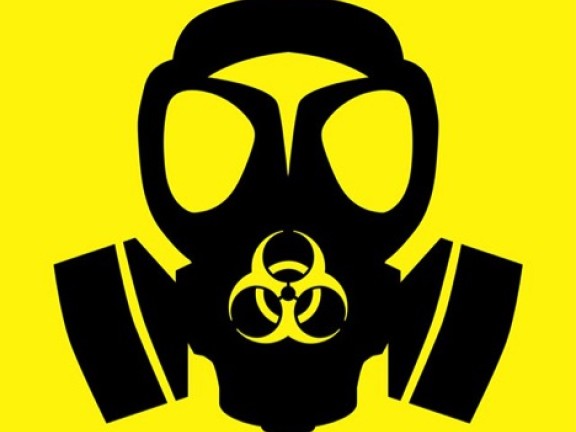 Black gas mask icon on bright yellow background