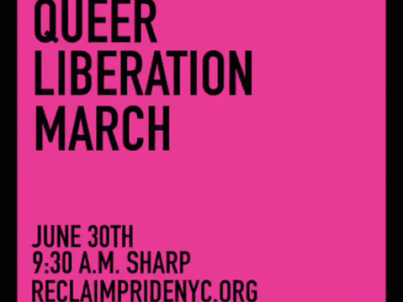 Queer Liberation March pink graphic with date and time