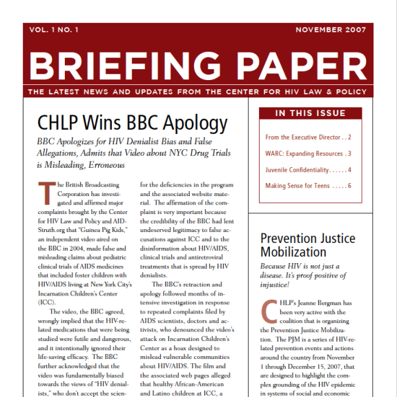 Cover of Briefing Paper newsletter with BBC Apology article.