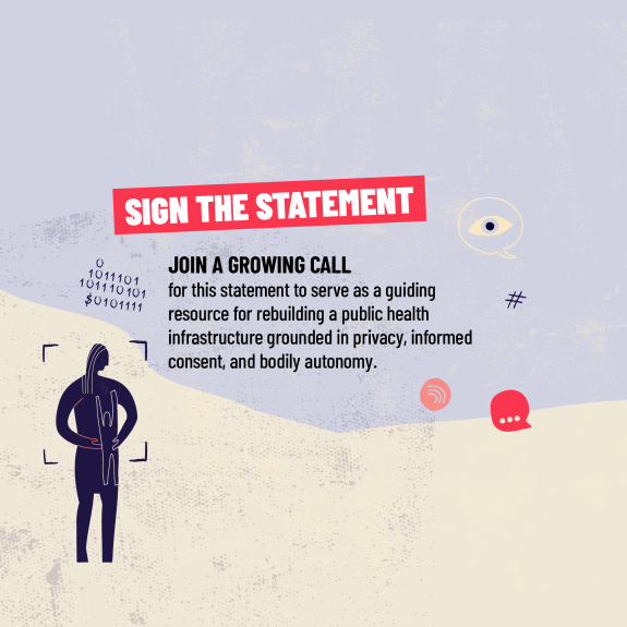 Blue and beige grunge background with female figure holiding a baby with SIGN THE STATEMENT in a red box in white type and descriptive text in dark purple, with surveillance icons floating around including a eyeball, binary colde and a chat box.