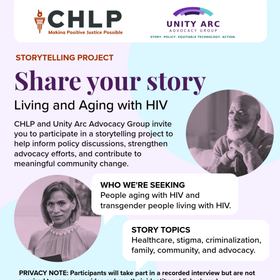 Purple and blue graphic with two photos and text about how to Share Your Story with CHLP and Unity Arc.