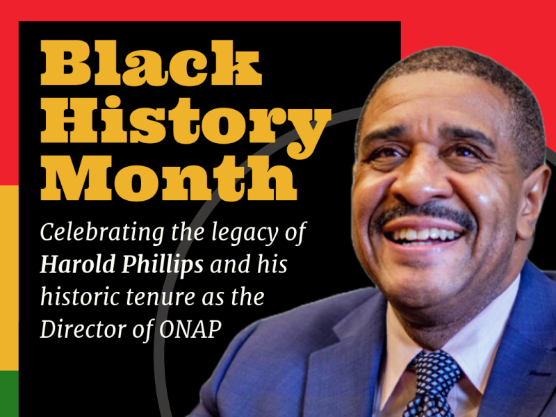 Harold Phillips in front of a black background smiling with the words Black History Month in yellow, the CHLP logo in white at the bottom and in the background red, yellow and green stripes.e