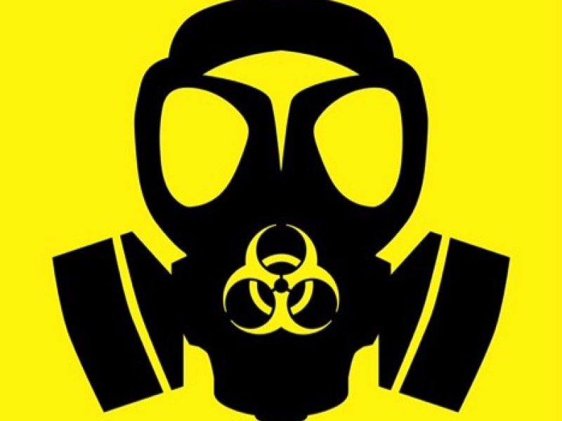 Black gas mask icon on bright yellow background