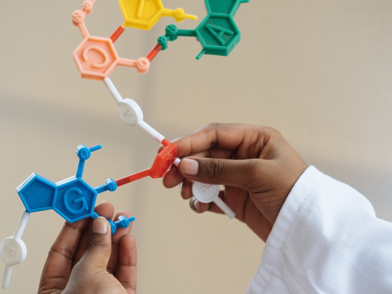 Photo of a person's hands putting together colorful toys resembling science