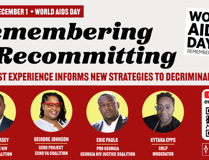 Red and White graphic with black letters reading Remembering and Recommitting with World AIDS Day logo and presenter head shots. 